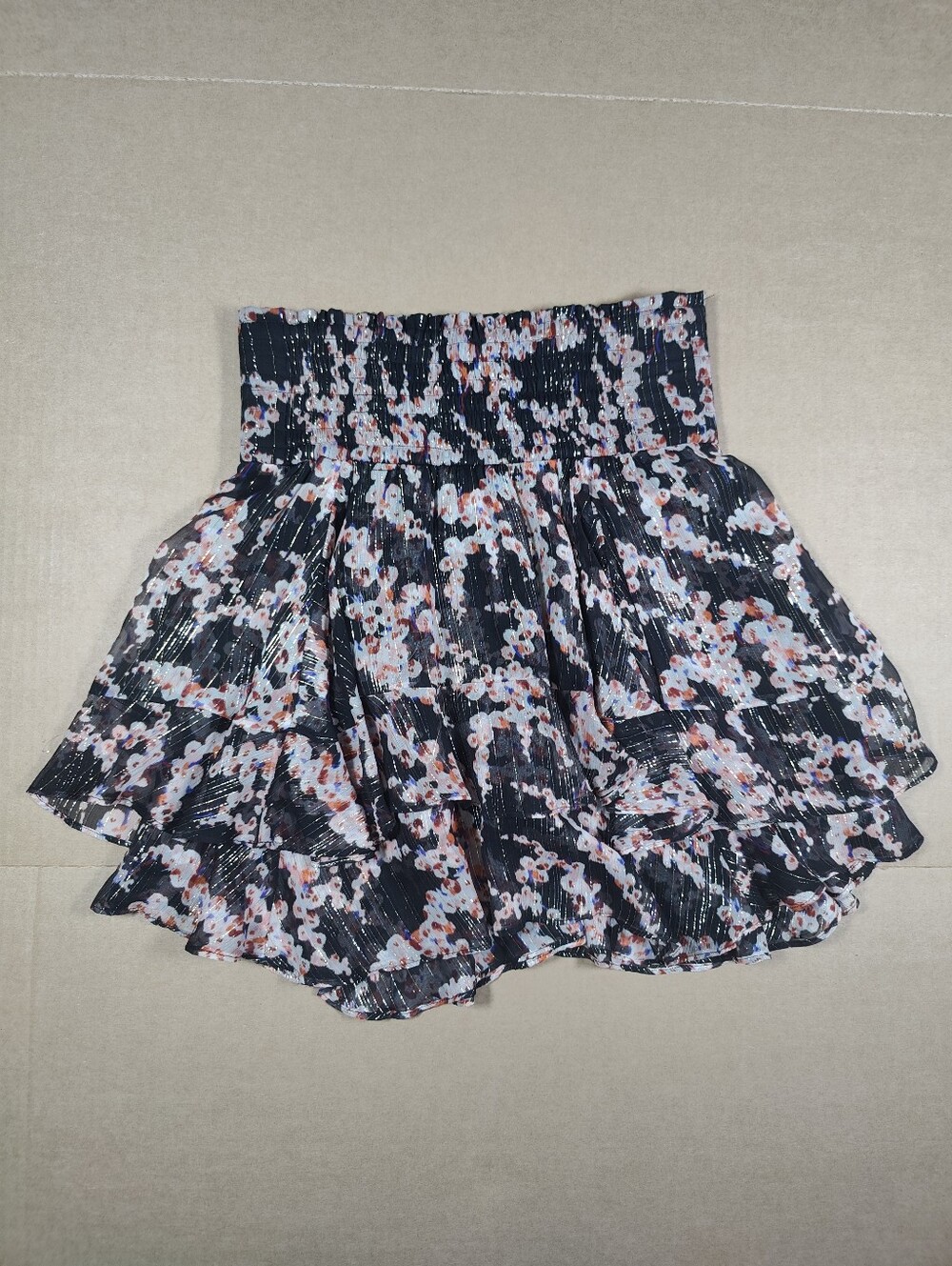 A.L.C Vera Lurex Black Tiered Pink Floral Smocked Silk Metallic Mini Skirt 2